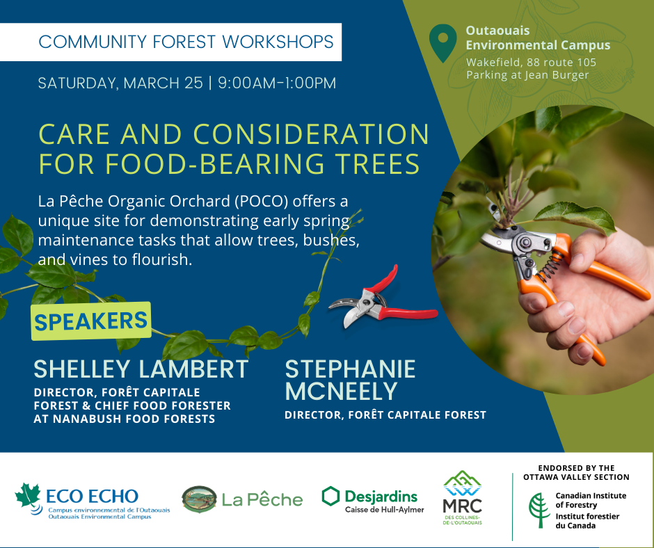 Care and Consideration for Food-bearing Trees Saturday, March 25, 9:00 - 13:00 Outaouais Environmental Campus (Parking at Jean Burger, 88 route 105, Wakefield) La Pêche Organic Orchard (POCO) offers a unique site for demonstrating early spring maintenance tasks that allow trees, bushes, and vines to flourish. Shelley Lambert, Director, Forêt Capitale Forest & Chief Food Forester at Nanabush Food Forests Stephanie McNeely, Director, Forêt Capitale Forest